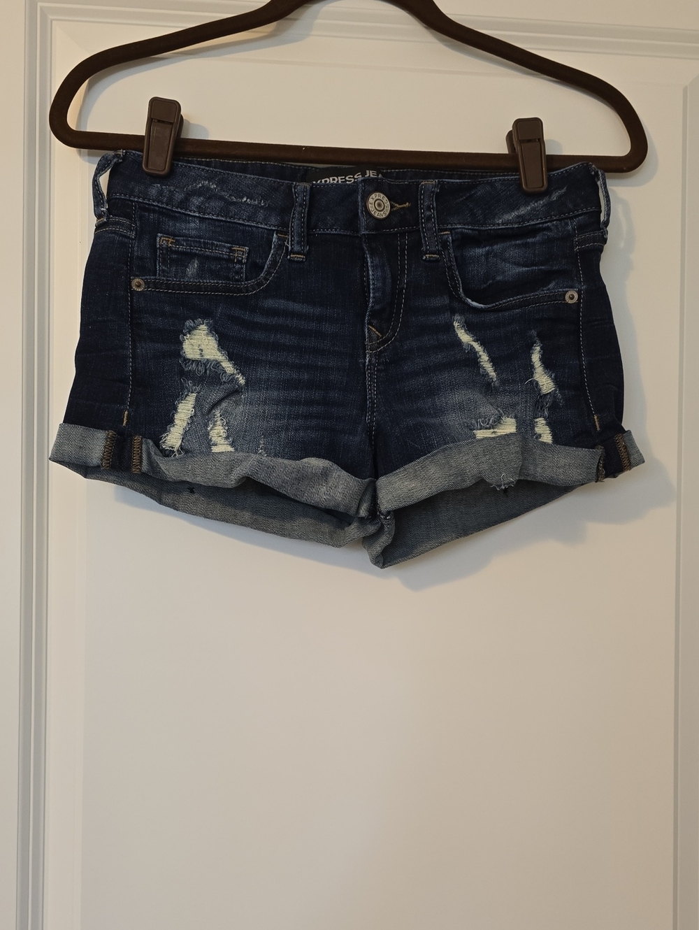 Express Dark Blue Distressed Cuffed Denim Shorts - Women's Size 00